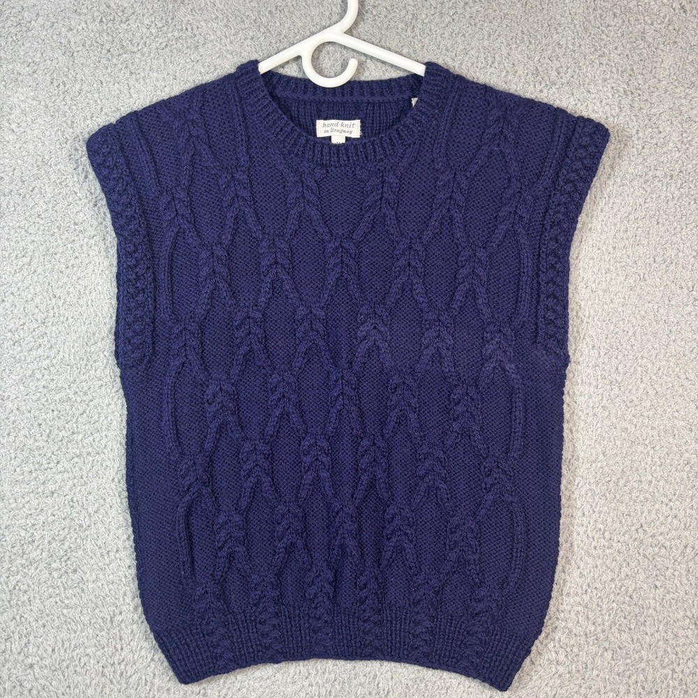 Hand Knit in Uruguay Sweater Vest Womens M Navy Blue Wool Cable Knit Vintage